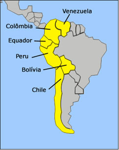 Localização e países integrantes da América Andina